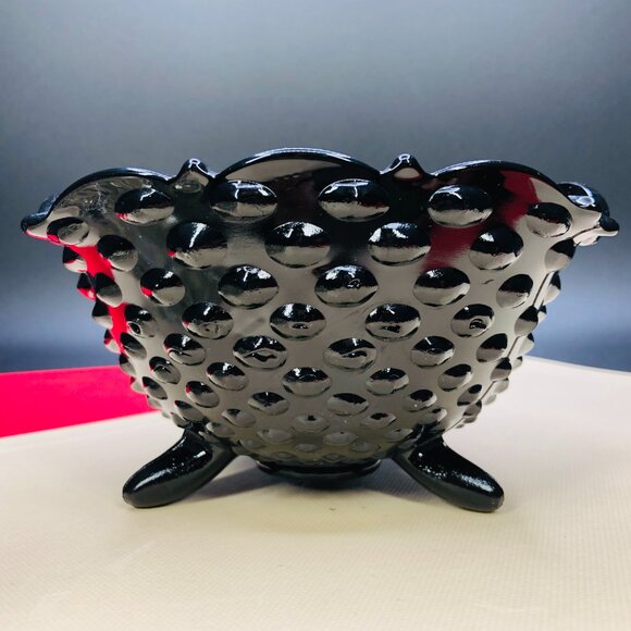 Vintage Black Glass Hobnail Footed Bowl and Clear Glass Flower Frog: Centerpiece - Picture 8 of 12